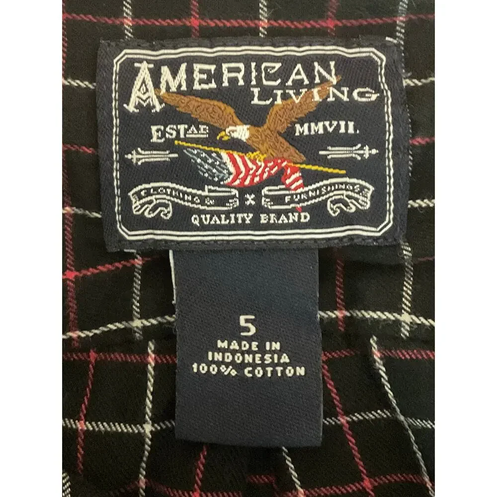 American Living Boys Black Plaid Button Down Shirt Size 5 Red White Cotton